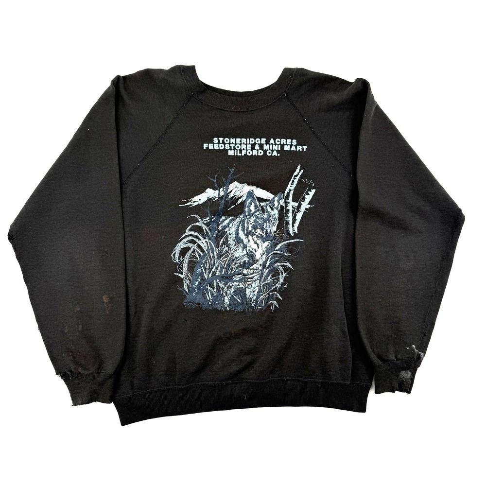 VTG 80s Super Thrashed Worn Wolf Sweatshirt Sz Lg Holes PAINTED Milford CA
